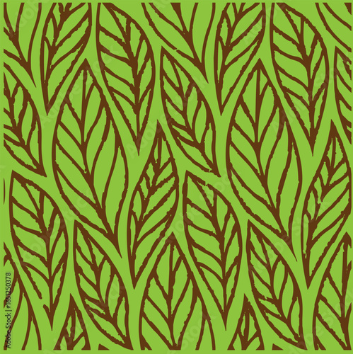 Hand-Drawn Leaf Pattern on Green Background
