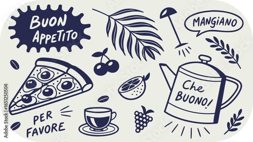 Italian food and drink doodles with pizza, coffee, and phrases saucer teapot