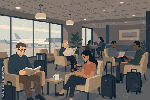 Modern airport lounge design | relaxed atmosphere, passengers, comfort, interiors | vector