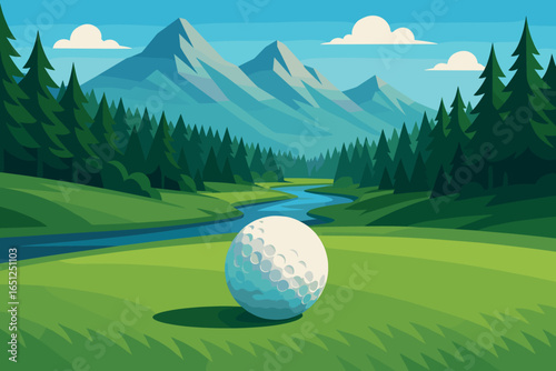 Golf ball scenery vector: serene landscape with mountains and nature elements for design