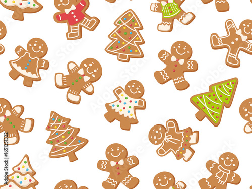 Seamless pattern with Christmas cartoon gingerbread men and trees. Holiday background with gingerbread cookies. Vector print for holiday decoration, wrapping paper and textiles.
