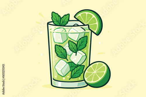 Refreshing mojito cocktail vector: citrus, mint, ice, summer drink, fresh beverage art