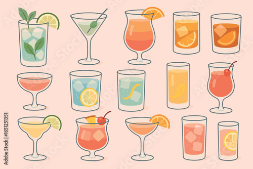 Elegant cocktail assortment vector: classic drinks, mixology designs, refreshing beverages art