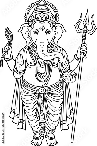 Line art drawing of Lord Ganesha in standing pose, traditional Hindu deity with ornaments and sacred symbols. Perfect for coloring book pages and tattoo design
