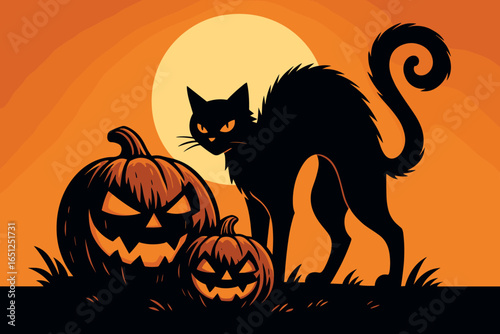 Spooky cat silhouette vector: halloween black cat with moon and pumpkins for seasonal design