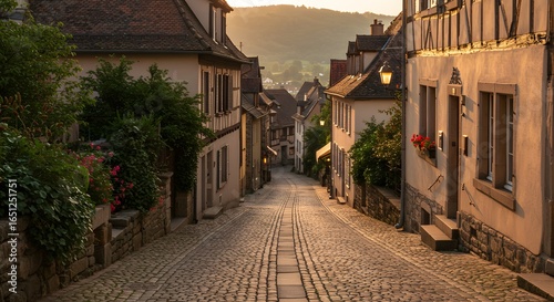 Fototapeta Naklejka Na Ścianę i Meble -  Cozy European village street with cobblestone roads, soft lighting