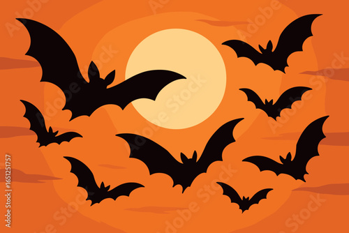Bat silhouettes in moonlit halloween night sky vector | flying bats, orange background design