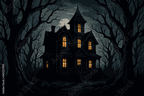 Mysterious haunted house vector: spooky halloween gothic mansion with moonlit night