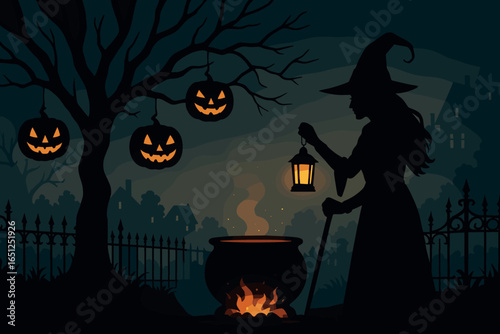 Haunted garden witch silhouette vector art: spooky halloween theme with lanterns and cauldron