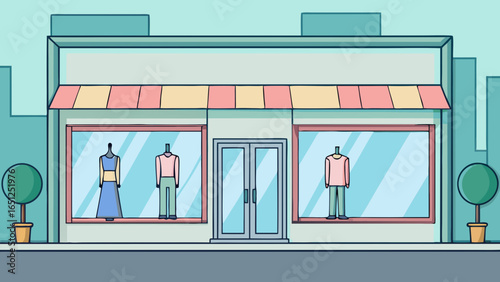 Flat cartoon storefront with mannequins and plants