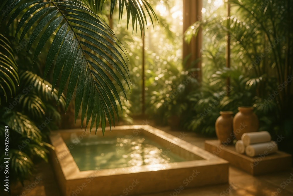 Fototapeta premium Tropical spa sanctuary with rain-kissed palm fronds and natural healing environment