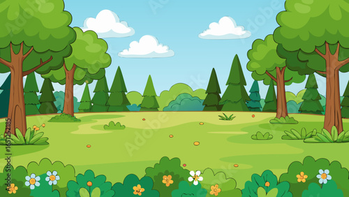 Green forest clearing with trees and flowers nature