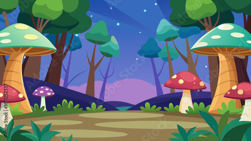 Enchanted forest with giant mushrooms at night fantasy