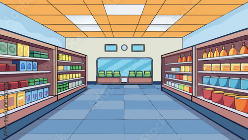 Supermarket aisle with shelves of products cartoon