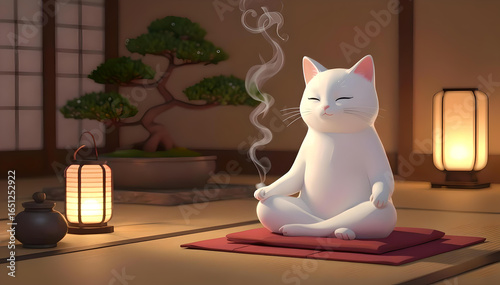 Wallpaper Mural White Cat Meditating in Japanese Zen Room with Incense Torontodigital.ca