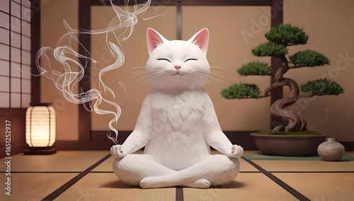 Wallpaper Mural Cute White Cat Practicing Meditation in Japanese Style Room Torontodigital.ca