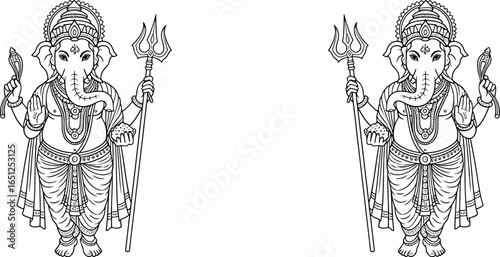 Black and white drawing of Lord Ganesha, standing pose illustration for coloring book, poster, and devotional artwork