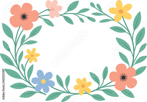 Elegant botanical frame vector with flowers and leaves in a minimalist wreath design