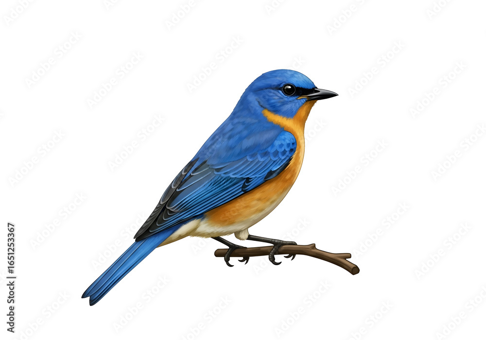 Fototapeta premium Detailed illustration of a vibrant blue and orange eastern bluebird perched on a twig against a stark black backdrop.