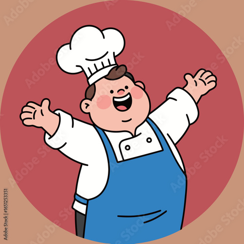 A simple cartoon illustration of an excited and cheerful chubby male chef with open arms and a wide smile, inside a circular frame.