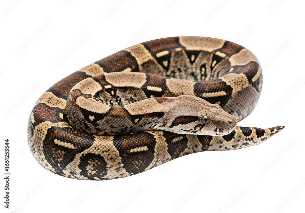 Obraz premium A detailed close-up of a captivating boa constrictor, elegantly coiled against a striking black backdrop.