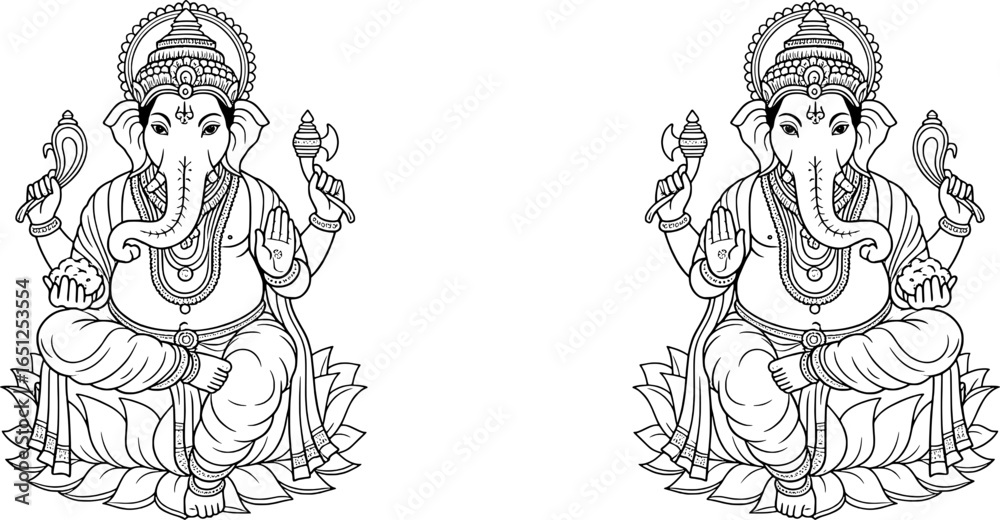 Fototapeta premium Lord Ganesha line art drawing in lotus pose, traditional Hindu spiritual illustration for Ganesh Chaturthi, yoga, meditation, wall art, and adult coloring book