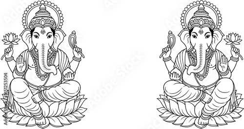 Lord Ganesha line art drawing in lotus pose, traditional Hindu spiritual illustration for Ganesh Chaturthi, yoga, meditation, wall art, and adult coloring book