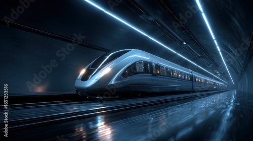 Maglev superconducting track piercing future city: Streamlined vehicles racing through neon tunnels with real-time energy flow and carbon reduction data displays
