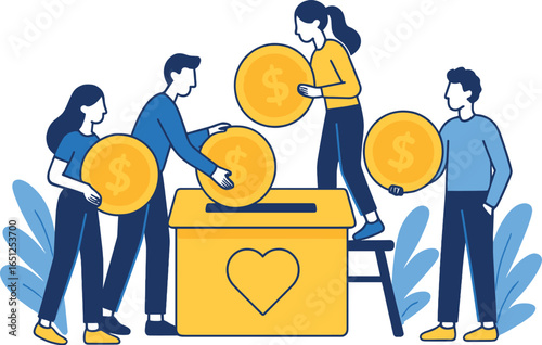 Charity donation vector: illustrate community support, coin contributions, philanthropy art