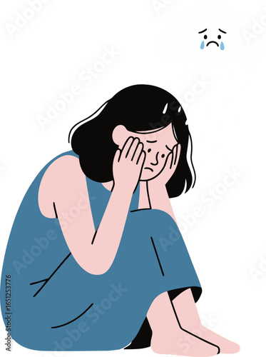 A flat illustration of a sad and lonely woman sitting on the floor, covering her face and crying, with a tear icon symbolizing sorrow and emotional distress.