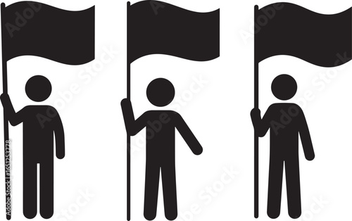Three figures holding flags in a row silhouette