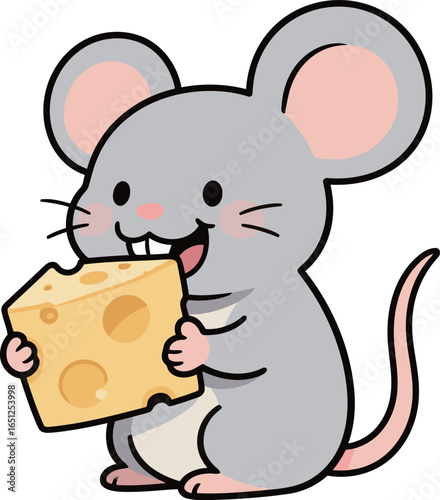A cute cartoon illustration of a happy mouse holding and eating a large block of delicious Swiss cheese with holes.