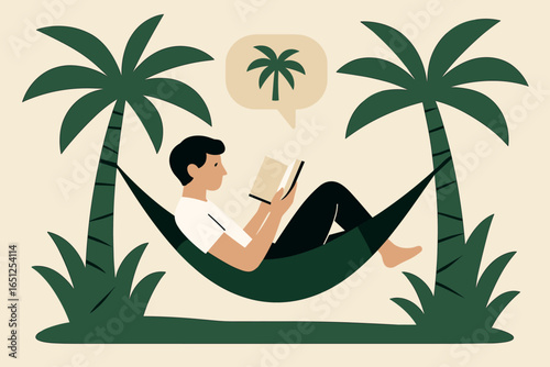 Hammock relaxation vector: enjoy peaceful outdoor reading - a tranquil tropical retreat
