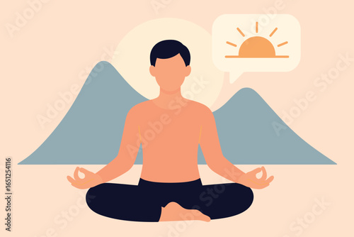 Mindful meditation vector: serene sunrise scene with calming mountainous backdrop for wellness