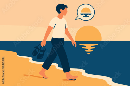 Vector illustration of evening beach walk with sunset, ocean view, and relaxation