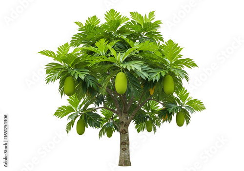 Lush green breadfruit tree with vibrant foliage and numerous fruits against a striking black backdrop.