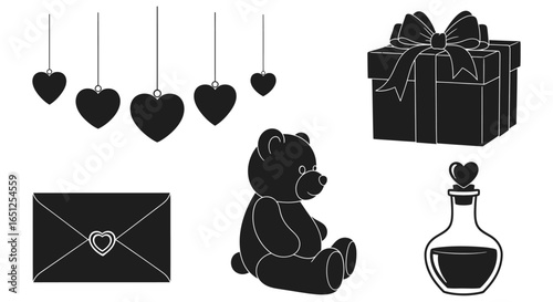Heart Gifts and Teddy Bear Icons, Valentine's Day Symbols