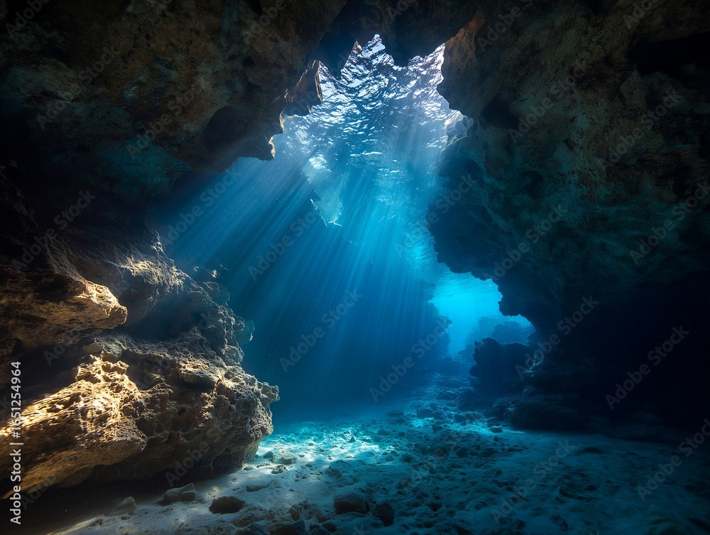 Obraz premium 光が差し込む神秘的な海中洞窟