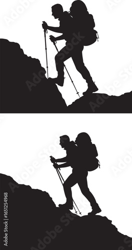 Two hikers with backpacks and trekking poles climbing a rocky mountain silhouette
