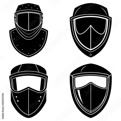 Illustration of four different styles of protective face shields and helmets in black and white design