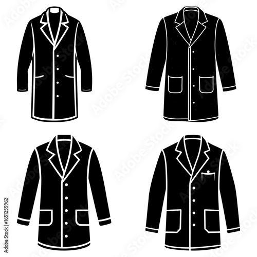 Illustration showing four black and white coats with pockets and button closures in a grid pattern