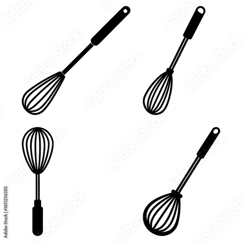 Four black and white illustrations showcasing kitchen whisks in various orientations and perspectives shown here