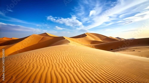 A sunlit desert landscape showcases undulating sand dunes under a bright blue sky with scattered clouds. The texture of the sand is finely detailed