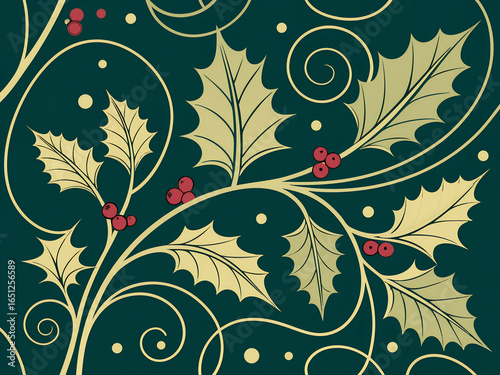 Elegant green background with golden holly leaves and swirling vines for festive holiday designs