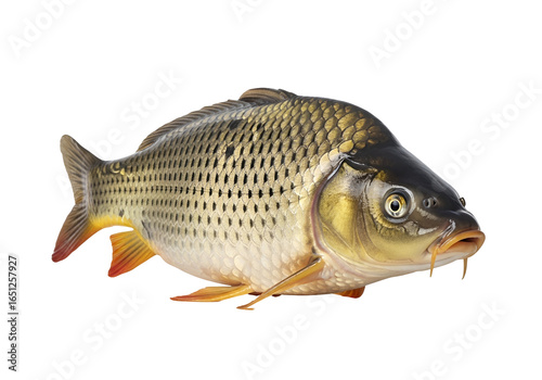A carp fish displays its scaled body against a pure black background.