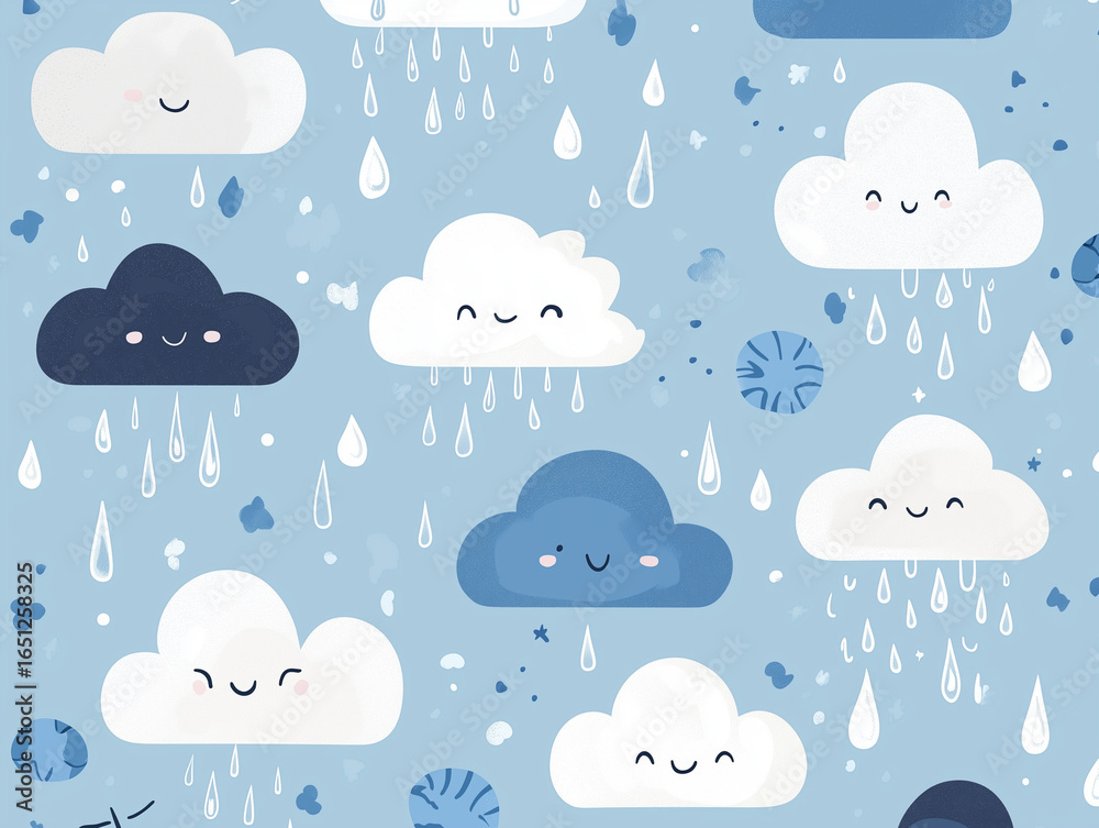 Obraz premium Cute clouds with raindrops on blue background create cheerful and playful pattern. This design features smiling clouds in various shades of blue, adding whimsical touch to any project