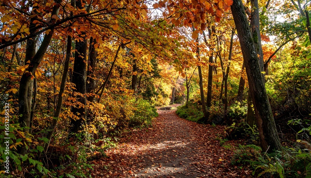 Naklejka premium Autumn path through colorful forest