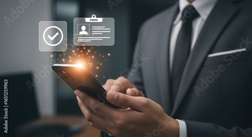 Modern professional using smartphone for digital identity verification and secure access, symbolizing data protection and online credentials
