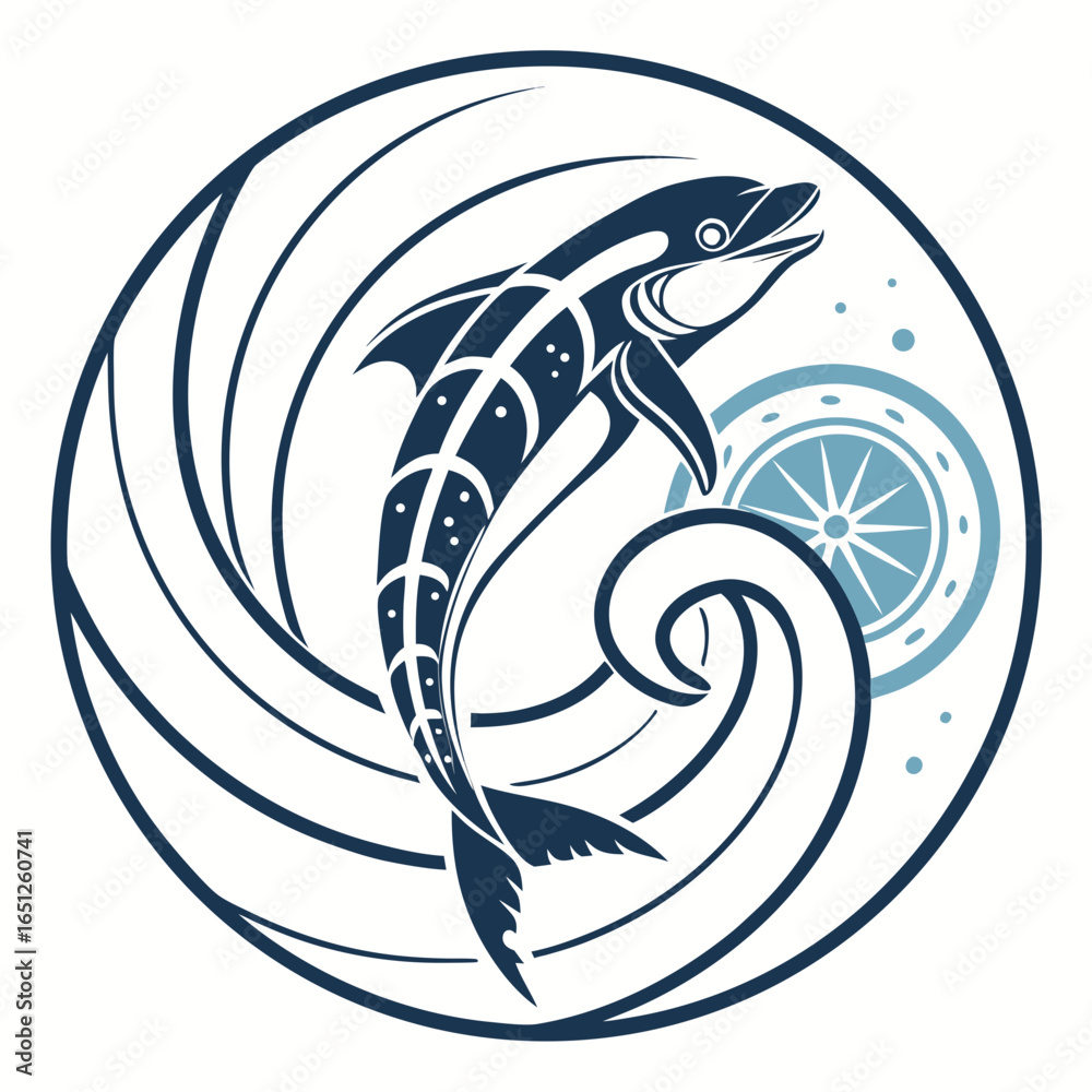 Fototapeta premium Stylized Dolphin Jumping in Circular Waves with Compass