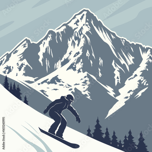 Snowboarder descending a snowy mountain slope snowboarding